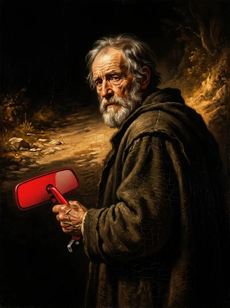 An old man in a dark cloak holding up a red hand mirror