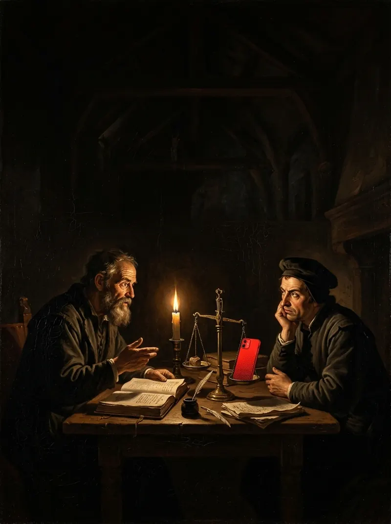 Two scholars debating across a candlelit table with brass scales and a red phone