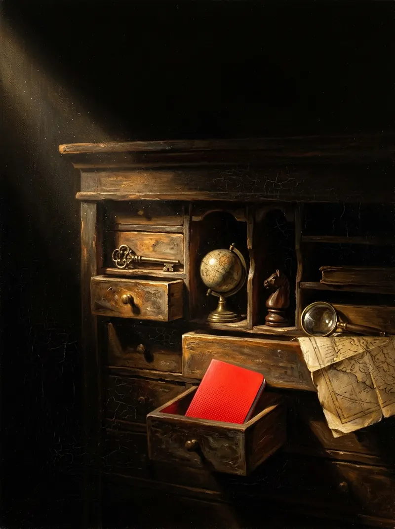 An old cabinet of small drawers in a beam of light, one drawer pulled out holding a red notebook