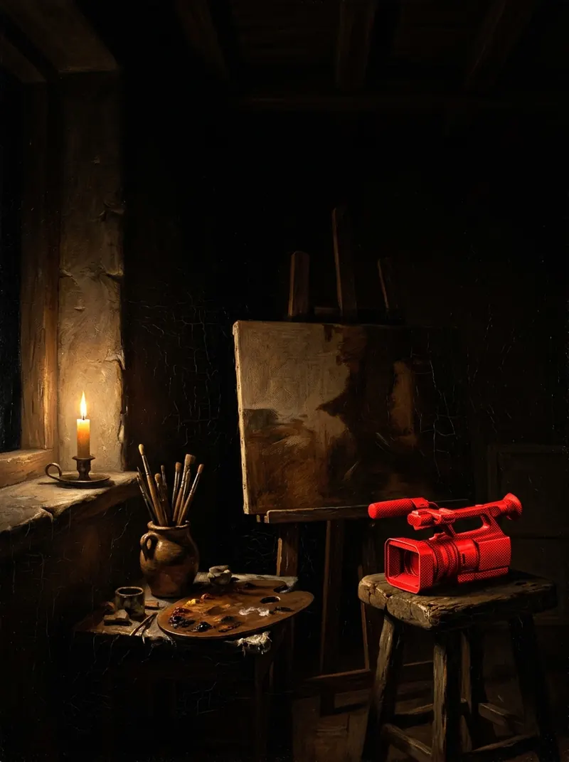 A painter’s studio with an easel, brushes and a red video camera on a stool by candlelight