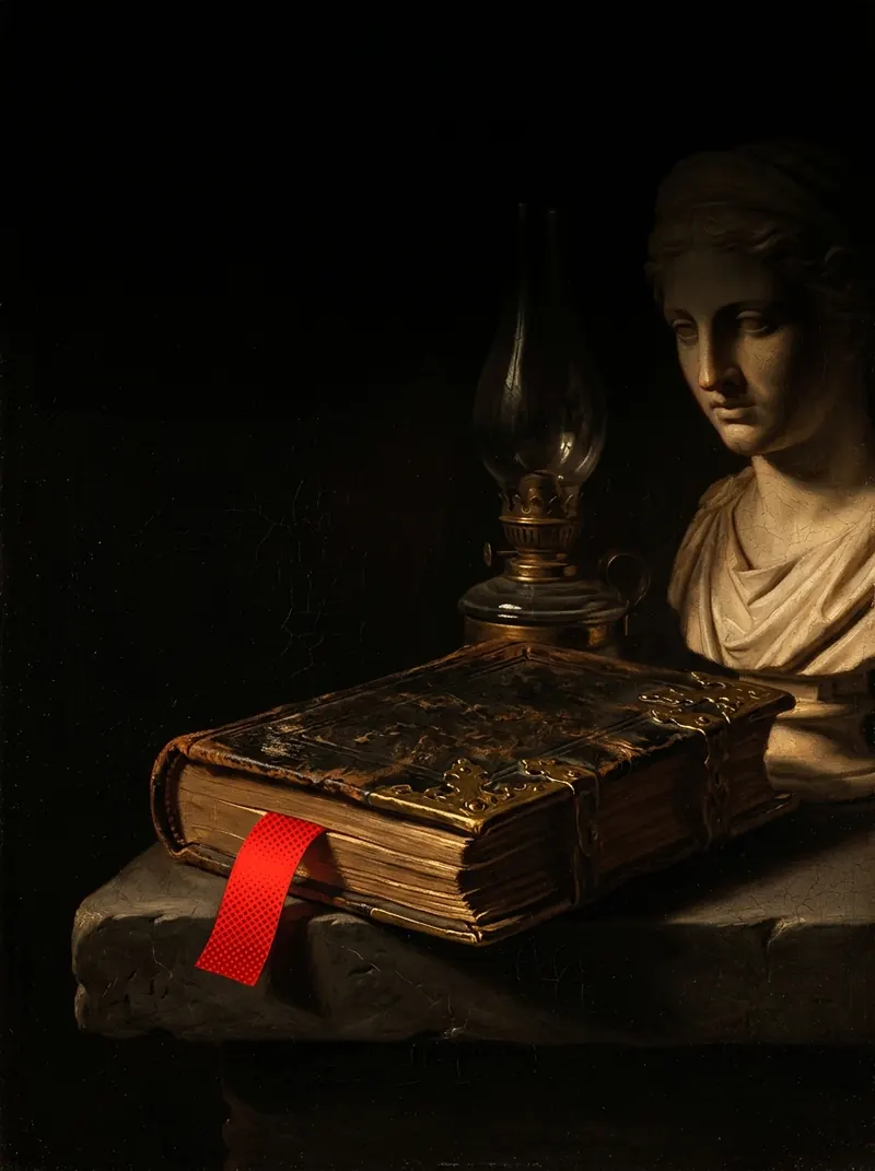 A leather journal with a red ribbon on a stone ledge beside a marble bust and an oil lamp
