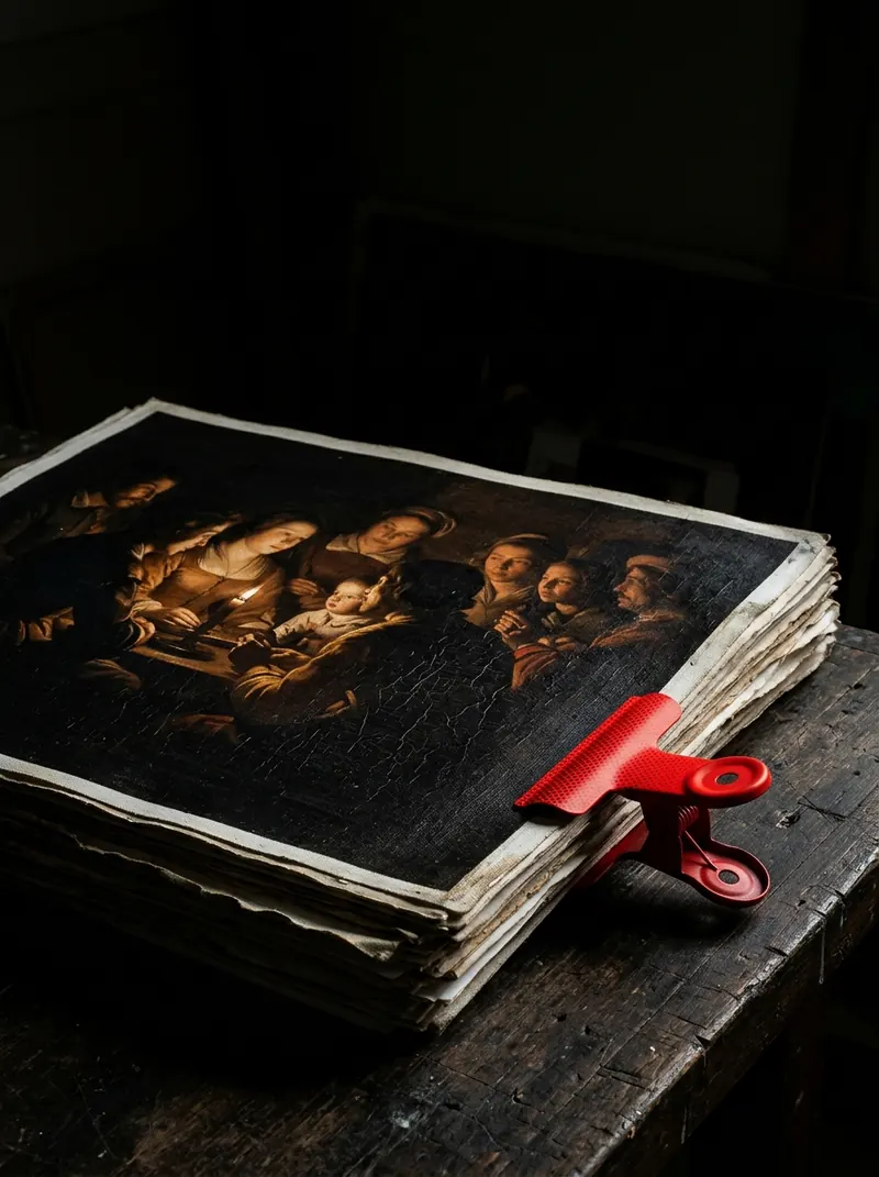A stack of large prints of a candlelit painting, held with a red clip