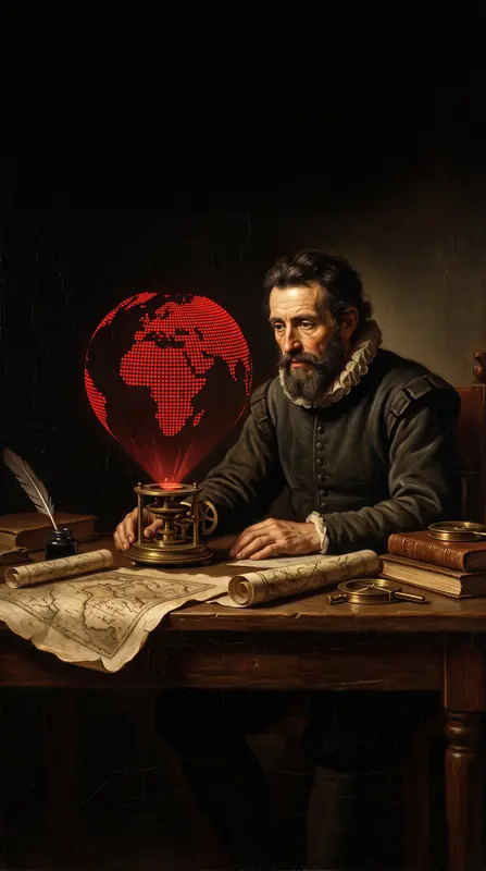An explorer at a desk of maps studying a glowing red globe