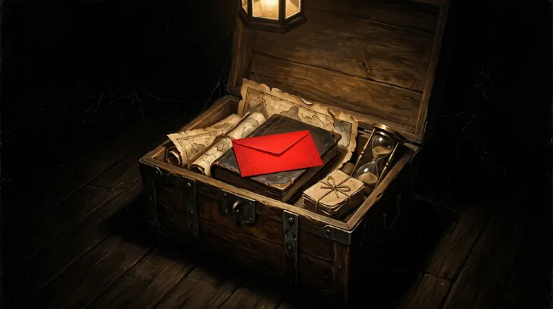 An open wooden chest holding papers and a red envelope under a lantern