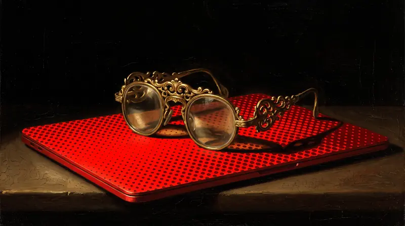 Antique spectacles resting on a closed red laptop