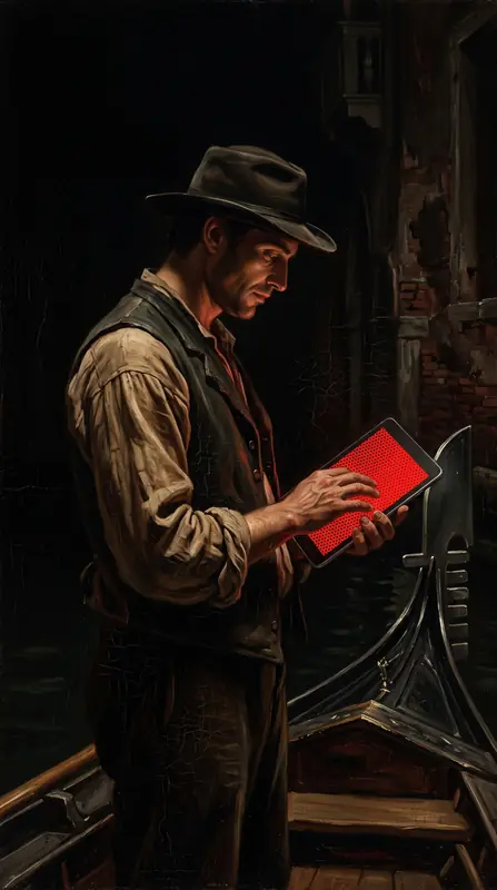 A boatman in a hat holding a red tablet