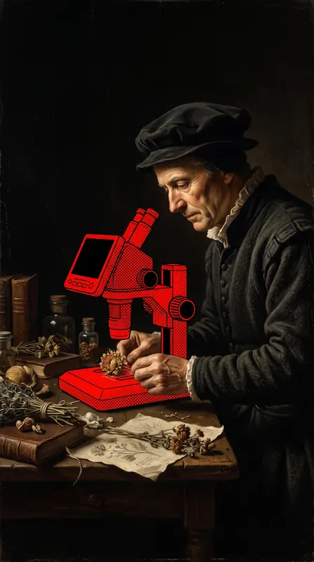 A herbalist at a workbench examining a flower under a red microscope