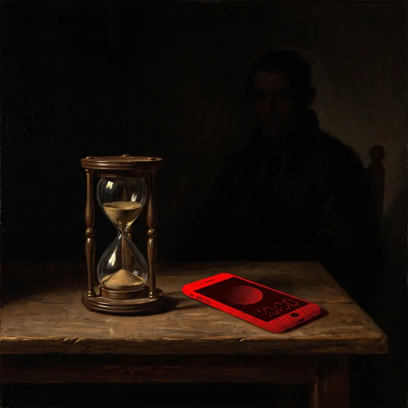 An hourglass beside a red phone on a wooden table