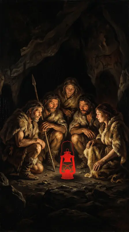 Prehistoric hunters in a cave gathered around a red lantern