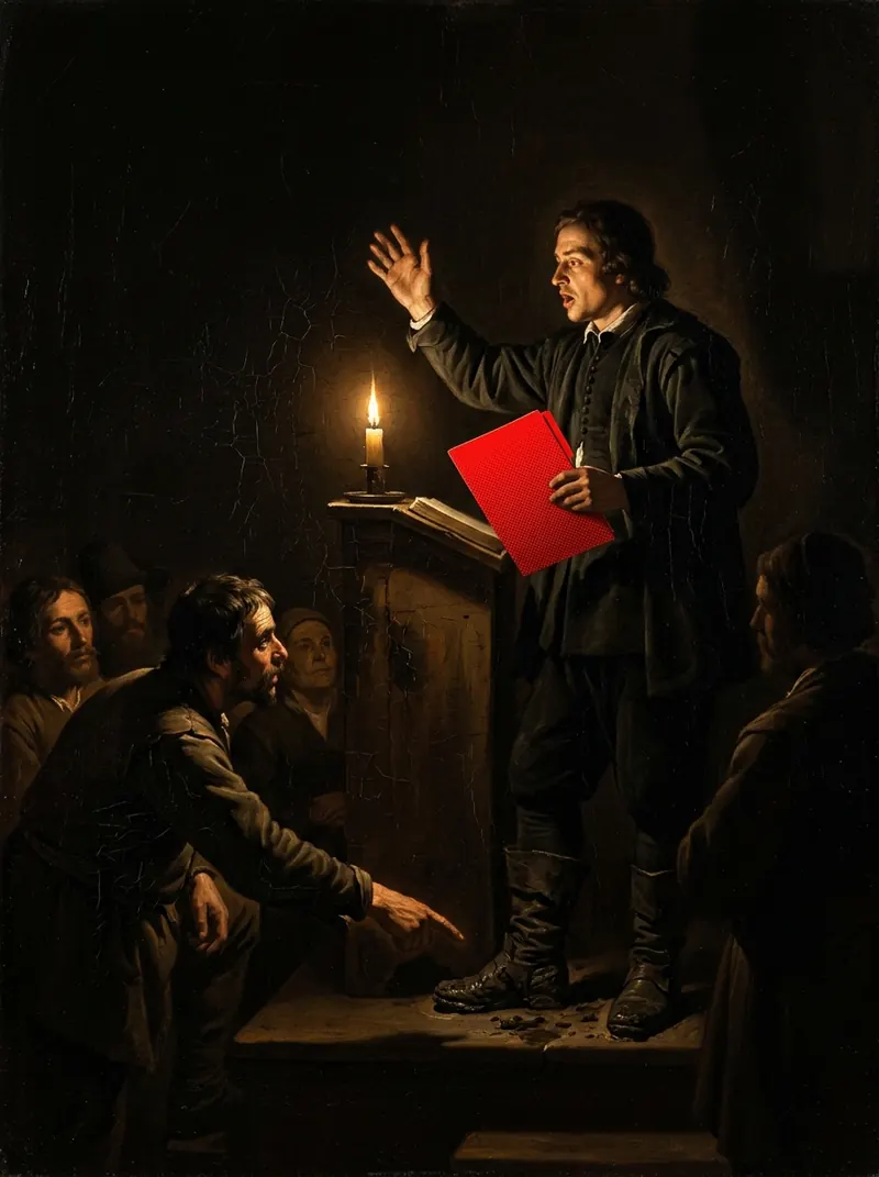 An orator with one hand raised and a red folder, speaking to a candlelit crowd