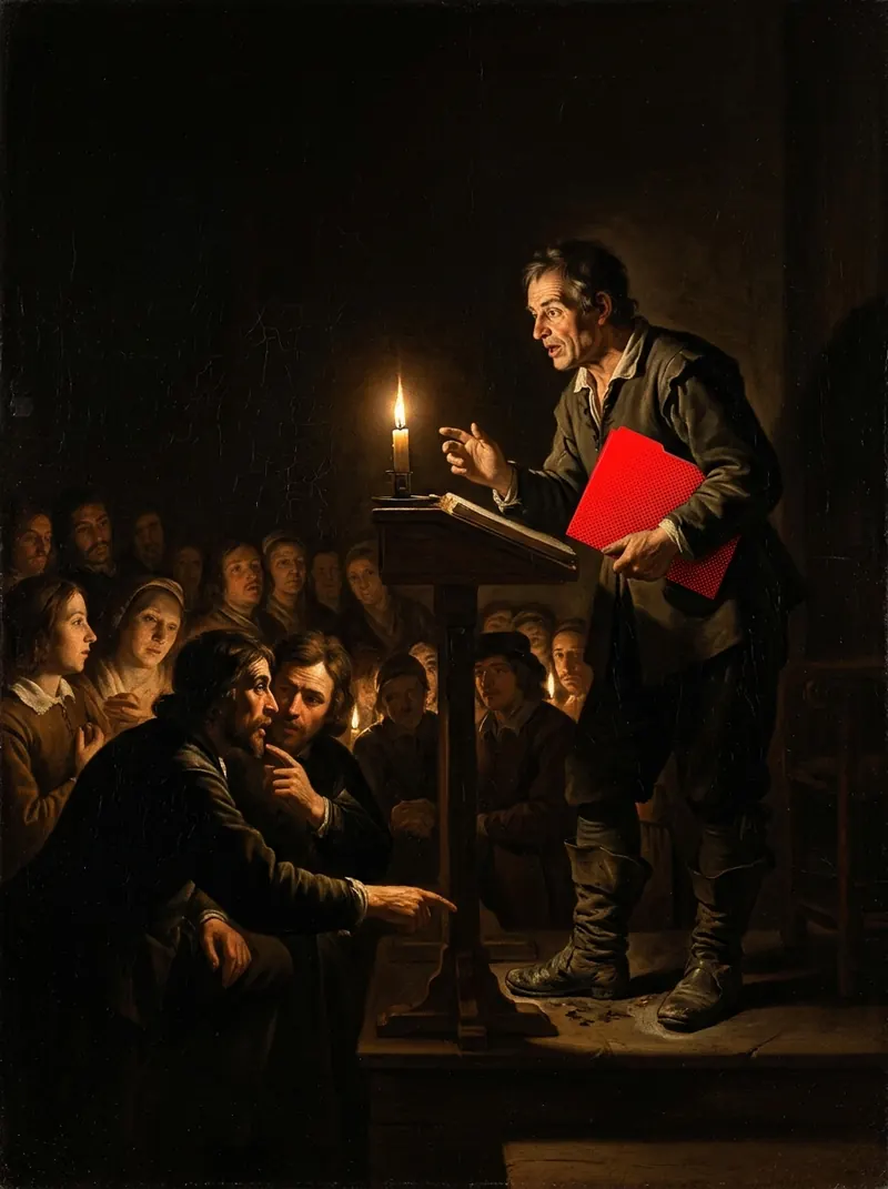An orator with a red folder speaking to a candlelit crowd, a man in front pointing