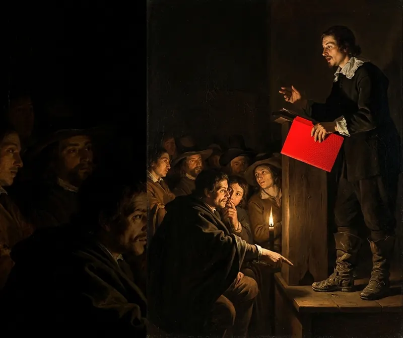 An orator holding a red folder above a crowd lit by candles