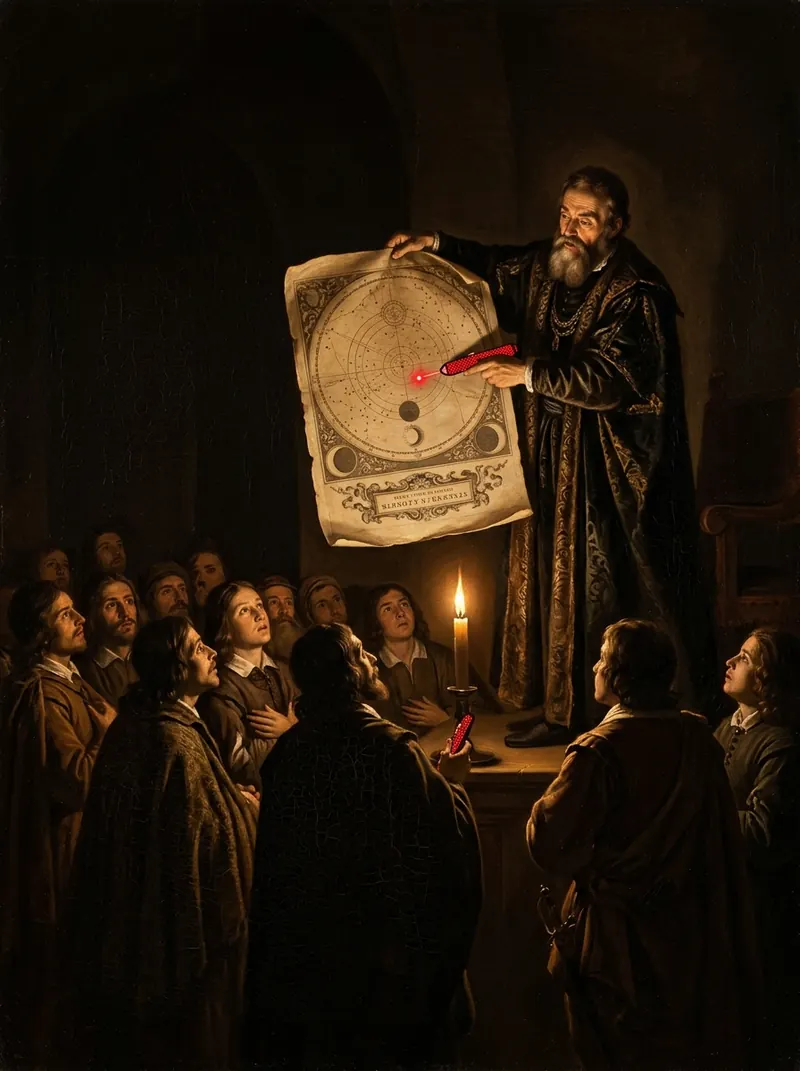 A robed man holding up a star chart to a candlelit crowd, pointing at it with a red pointer