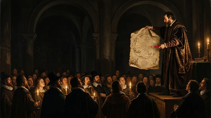 A robed man on a dais holding up a star chart to a crowd lit by candles
