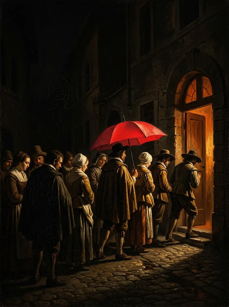 A line of people in period dress walking toward a lit doorway, one under a red umbrella