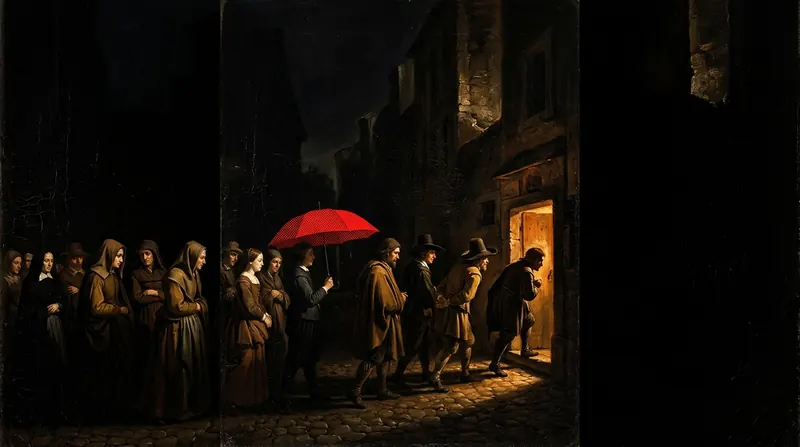 A line of people walking toward a lit doorway on a night street, one under a red umbrella