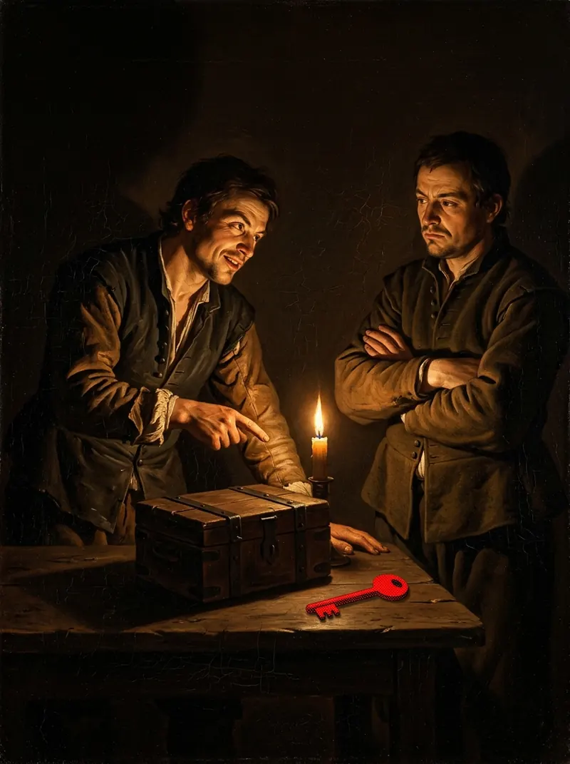 A man pointing at a closed wooden box while another stands with arms folded, a red key on the table