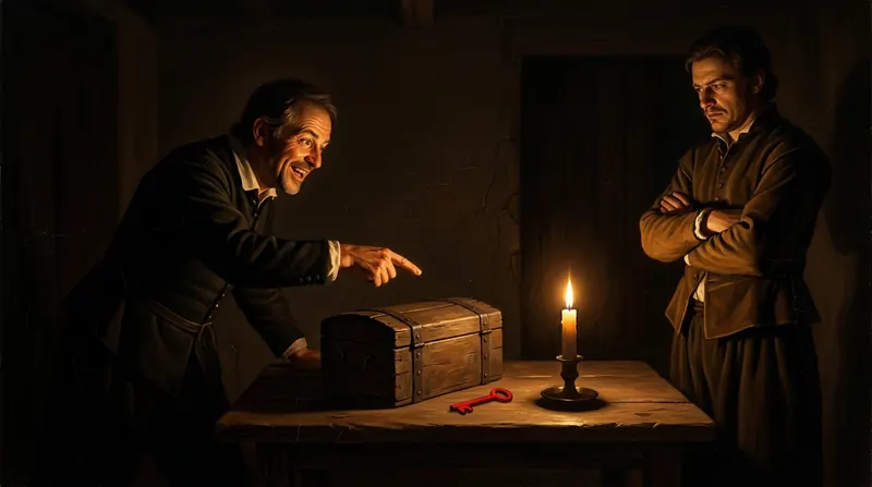 A man pointing at a closed wooden box on a candlelit table while another stands with arms folded
