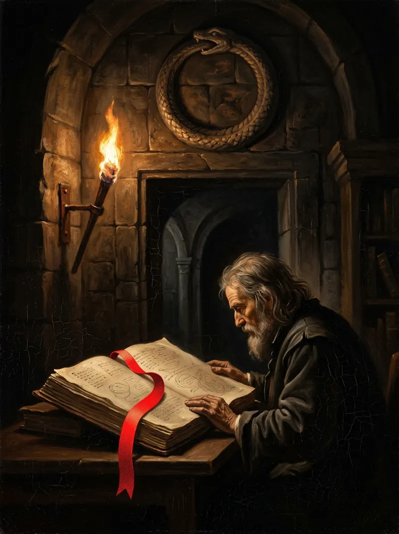 A scholar reading beneath a carved ouroboros, a red ribbon looping through the book