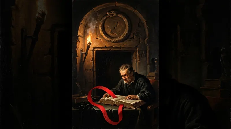 A scholar reading by torchlight under a carved ouroboros, a red ribbon through the book