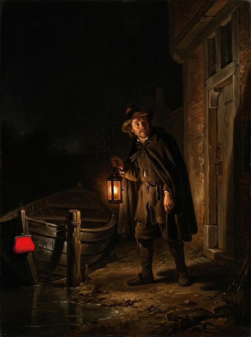 A man with a lantern on a riverbank beside a moored boat, a red purse hanging from a post