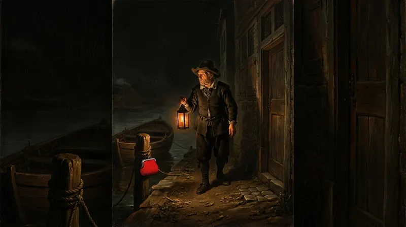 A man with a lantern walking along a riverside path at night, a red purse on a post