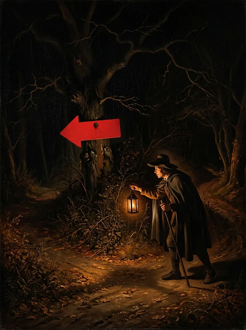 A traveller with a lantern at a fork in a dark forest, a red arrow nailed to a tree