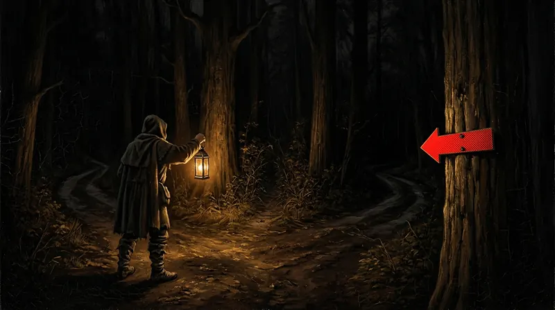 A traveller with a lantern at a fork in a dark forest, a red arrow on a tree