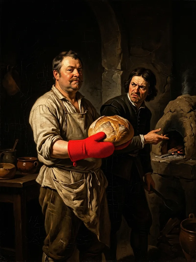 A cook holding up a loaf in a red oven mitt while another man frowns at the clay oven behind him