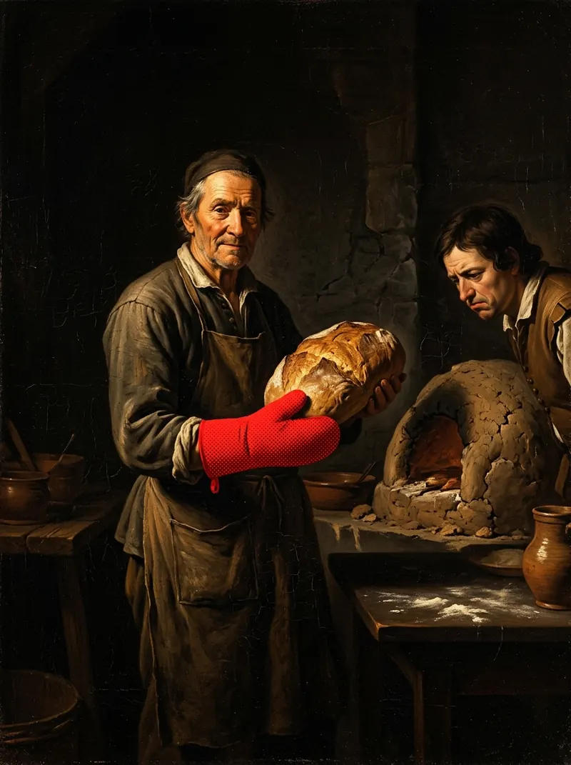 A cook in an apron holding a loaf in a red oven mitt beside a clay oven, another man looking at the oven