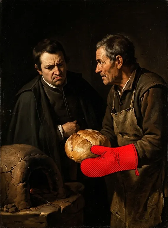 A cook holding a loaf in a red oven mitt while another man looks on