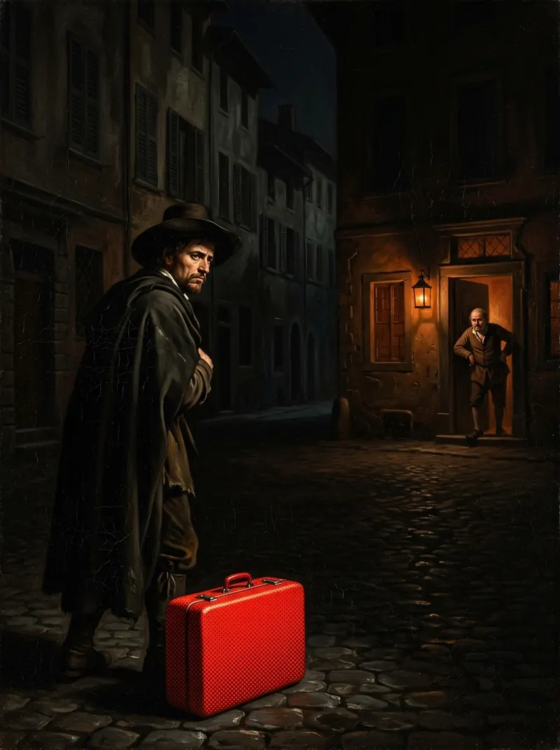 A traveller in a cloak with a red suitcase on a dark street, an innkeeper in a lit doorway