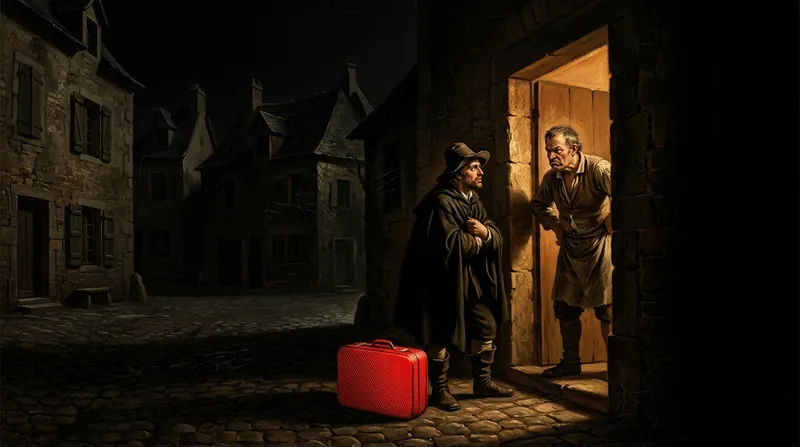 A traveller with a red suitcase meeting an innkeeper at a lit doorway at night