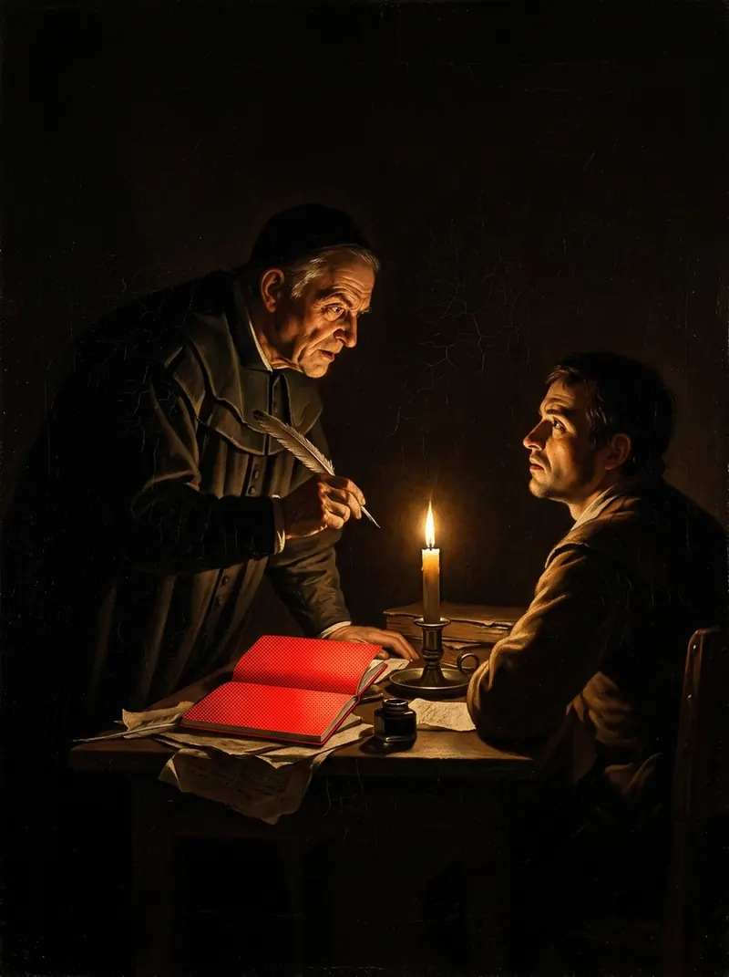 A magistrate leaning toward a seated man across a candlelit desk, a red notebook open between them