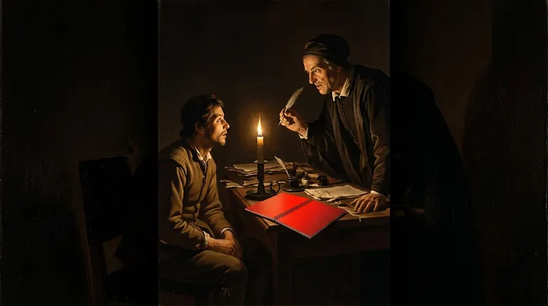 A magistrate with a quill questioning a seated man by candlelight, a red notebook on the desk