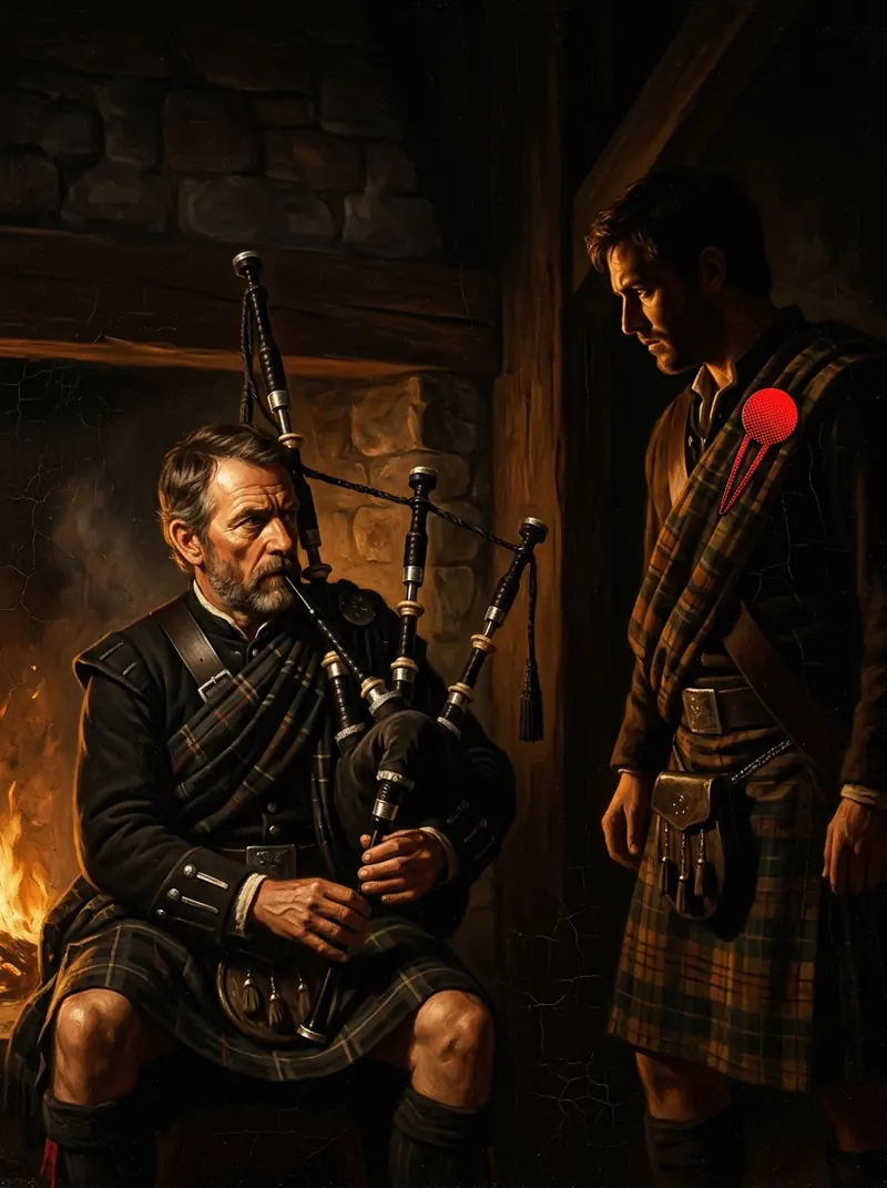 A bagpiper seated by a fire while a man in a different tartan stands beside him, a red pin on his sash