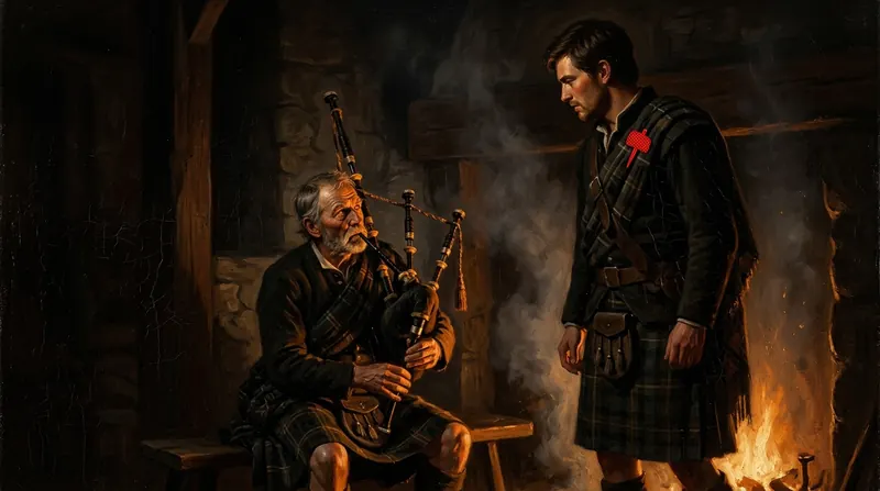 A bagpiper seated by a fire while a man in a different tartan stands beside him