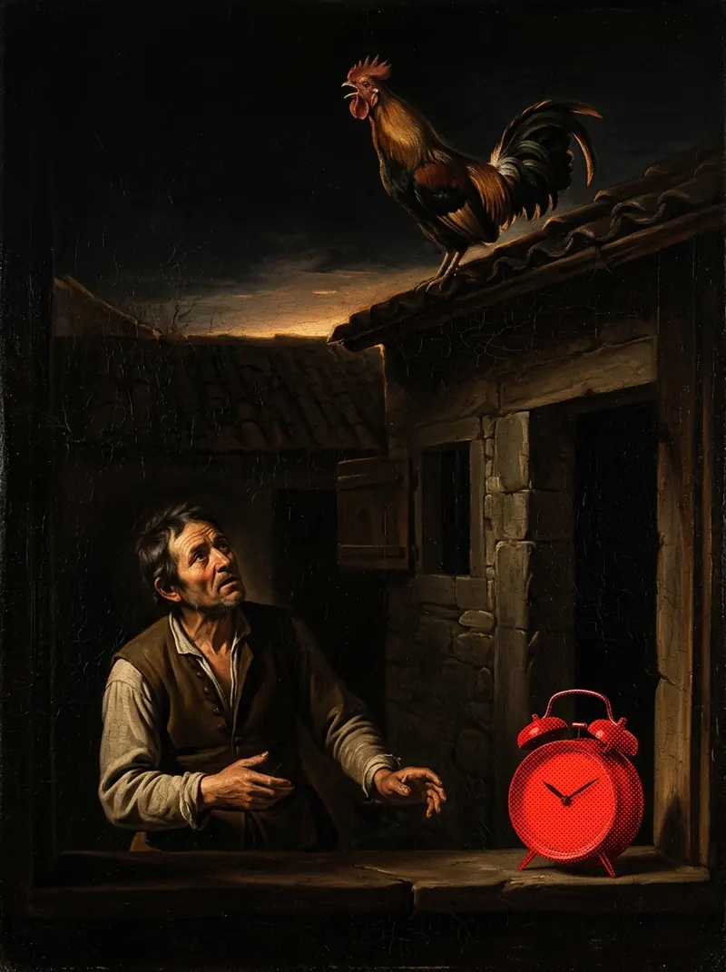 A rooster crowing on a rooftop at dawn, a man looking up, a red alarm clock on the sill