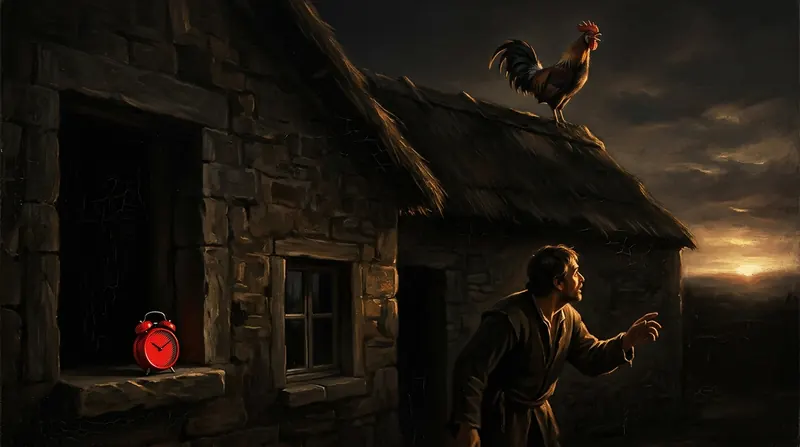 A rooster crowing on a rooftop at dawn while a man looks up from the street, a red alarm clock on a sill