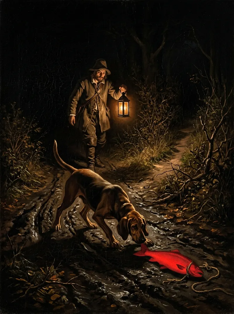 A hound following a red fish along a muddy track at night, a hunter with a lantern behind