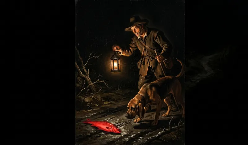 A hunter with a lantern behind a hound following a red fish along a muddy track