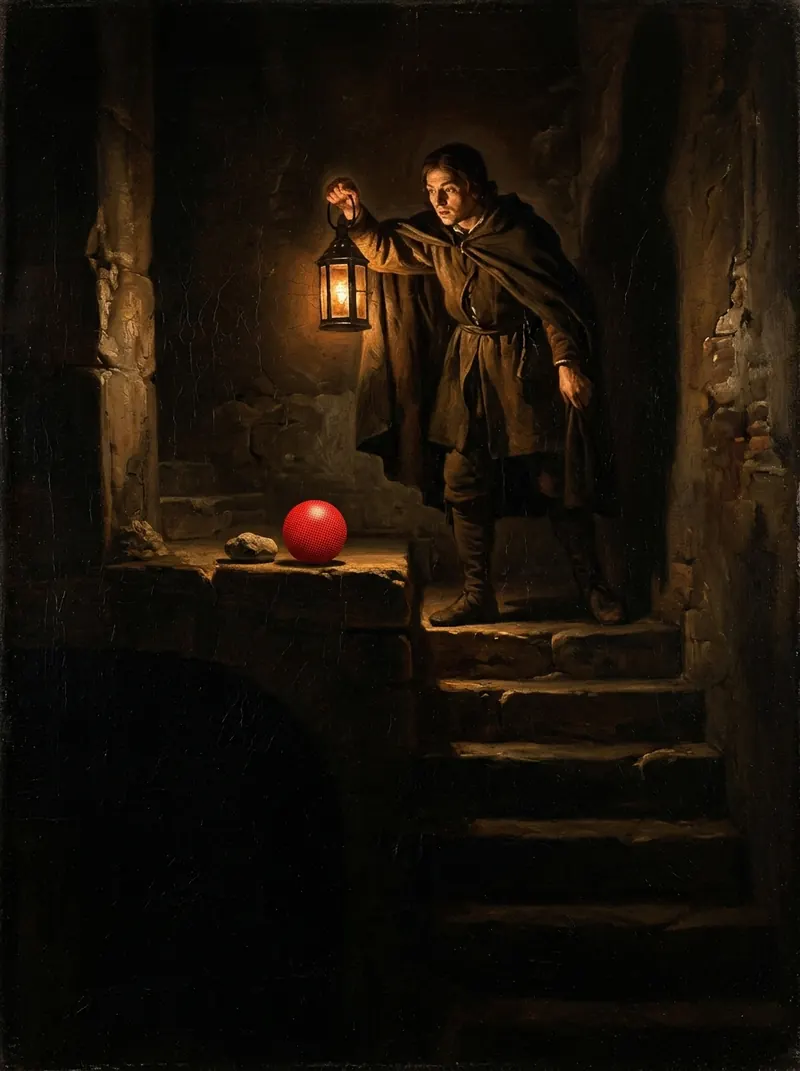 A figure holding a lantern over dark stairs, a red ball on the top step