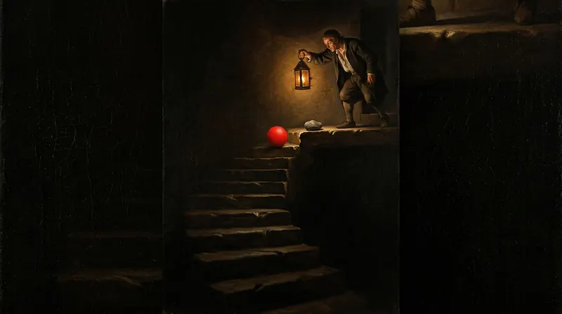 A figure with a lantern at the top of dark stairs, a red ball on the top step