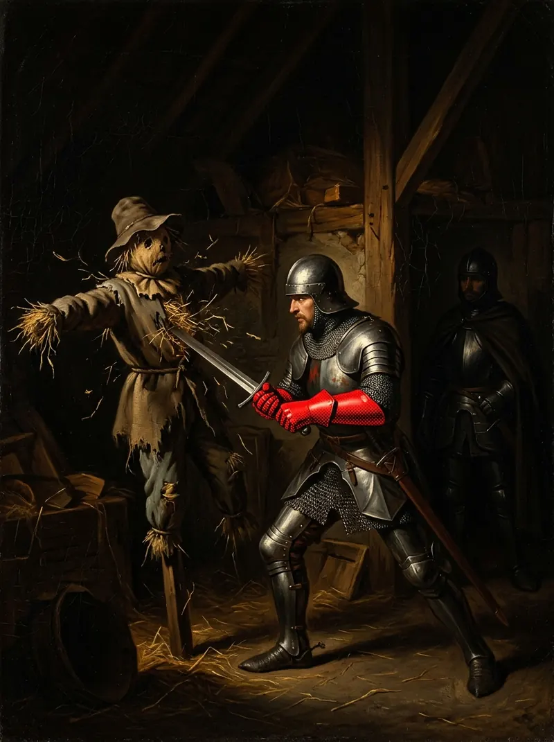 A knight with red gauntlets striking a straw scarecrow in a barn while a figure watches from the shadows