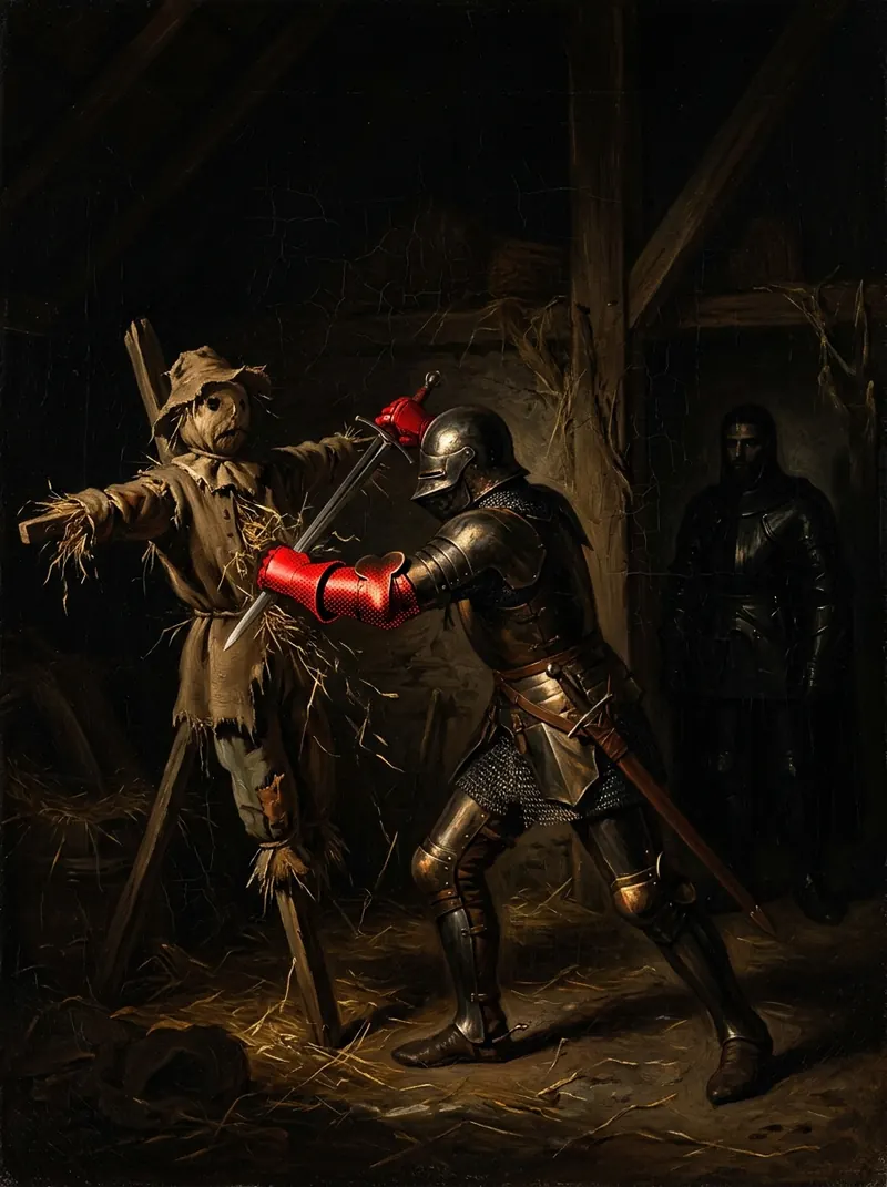 A knight with red gauntlets lunging at a straw scarecrow, a figure watching in the dark