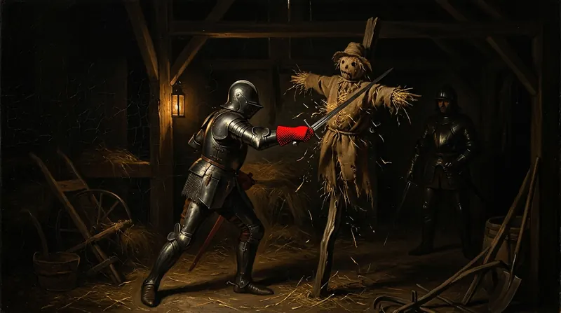 A knight with red gauntlets striking a straw scarecrow in a dark barn