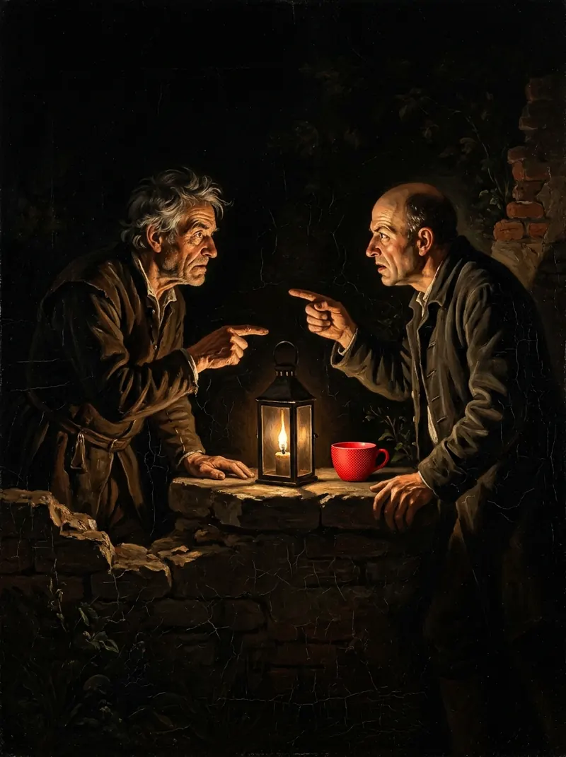 Two men pointing at each other across a low stone wall, a lantern and a red cup between them