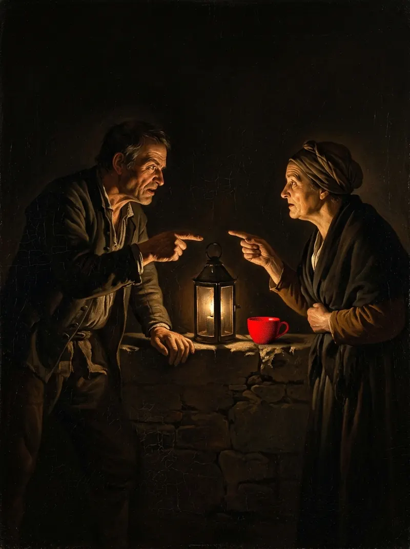 A man and a woman pointing at each other across a stone wall, a lantern and a red cup between them