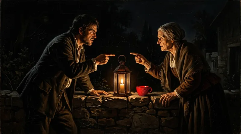 A man and a woman pointing at each other across a low wall, a lantern and a red cup between them