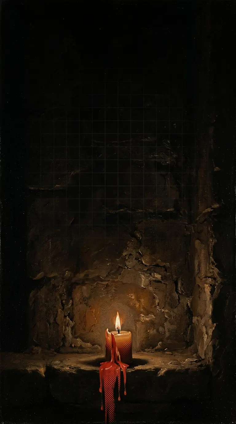 A candle with red wax burning low in a dark stone niche